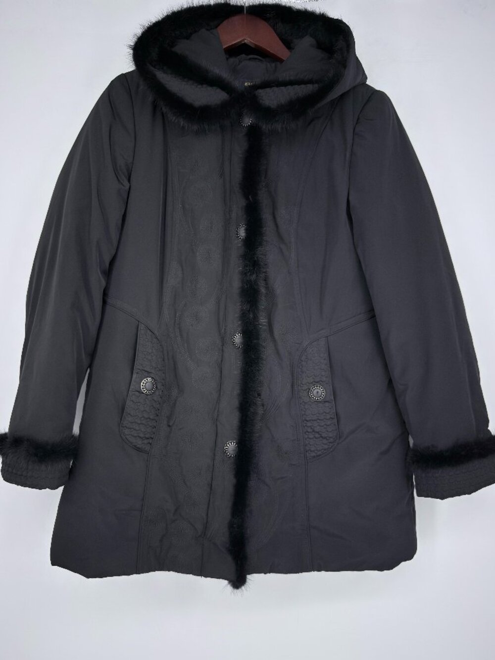 Elis Leather Winter Coat Womens 52 US L XL Black Fur Trim Hooded Parka Jacket 30